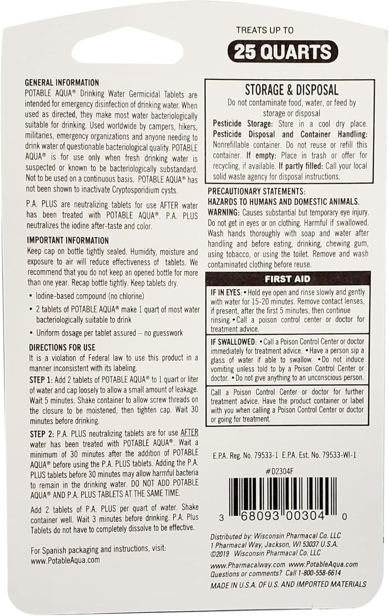 Potable Aqua Water Purification Tablets with PA Plus - Effective Water Treatment for Camping, Hiking, Emergencies, and Travel - Two 50ct Bottles - Image 2